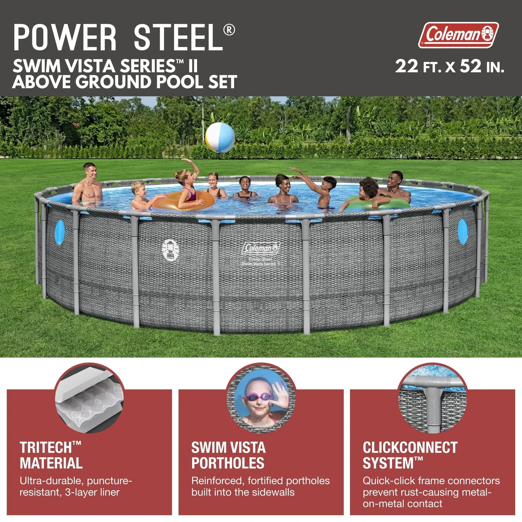Coleman Power Steel 22’x52” Metal Frame Above Ground Pool w/ Pump, Ladder, & Cover, Gray