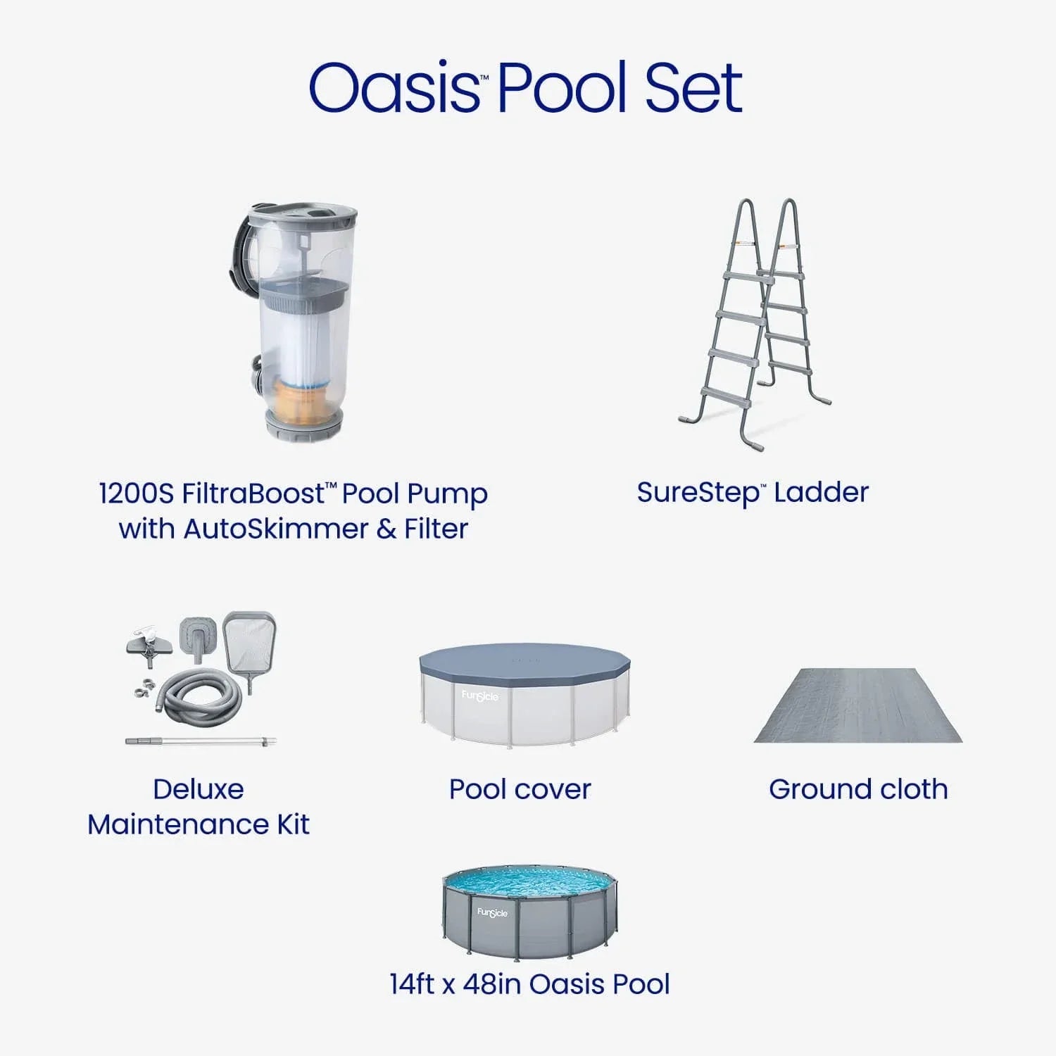 Funsicle Oasis Above Ground Metal Frame Swimming Pool Set – with FB1200S AutoSkimmer Pump, Ladder, Cover, Cloth & Deluxe Maint. Kit, 14′ x 48″, Round, Gray