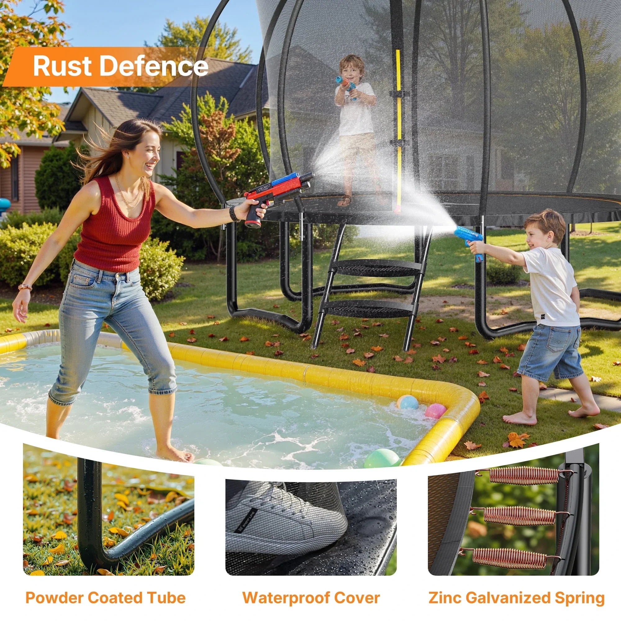MERACH 14FT Pumpkin Outdoor Trampoline with Safety Enclosure Net, Basketball Hoop & Ladder, Heavy Duty Backyard Trampoline for Kids & Adults