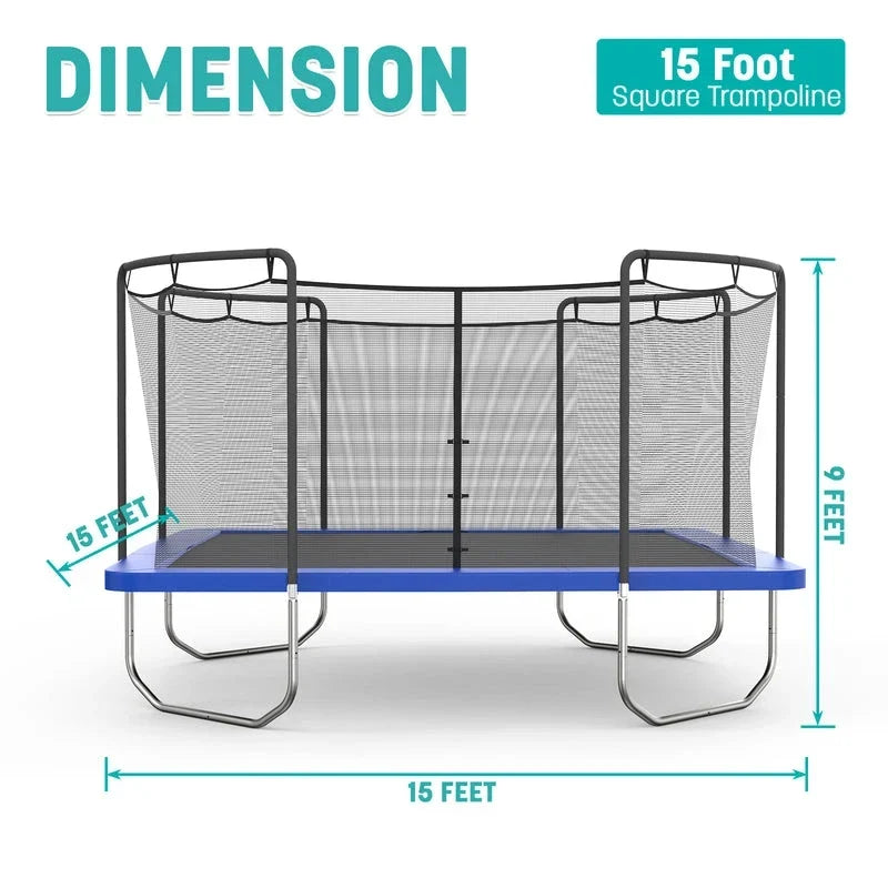Skywalker Trampolines 15′ x 15′ Square Trampoline with Safety Enclosure Net – Blue Heavy-Duty Outdoor Trampoline for Kids & Adults, Rust-Resistant Steel Frame