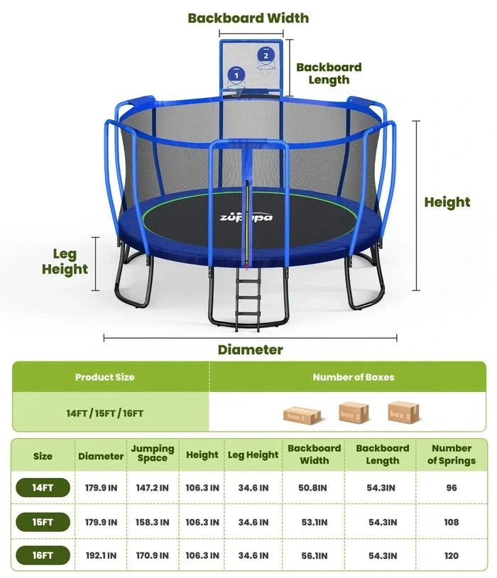 Zupapa 1500LBS Upgraded Trampoline 10-16FT