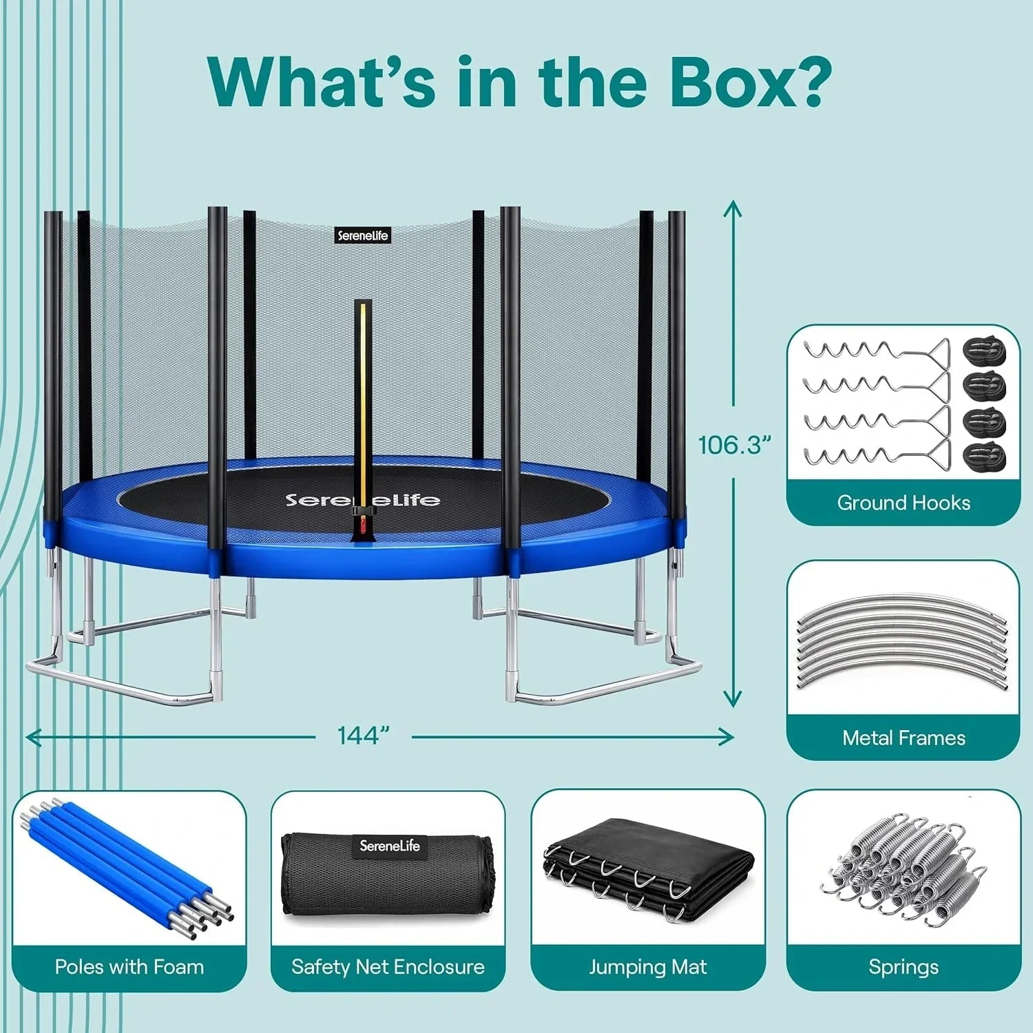 SereneLife 8FT 10FT 12FT 14FT Outdoor Trampoline for Kids – Recreational Backyard Trampoline with Curved Safety Poles and Net Enclosure- ASTM Approval for Kids Adults