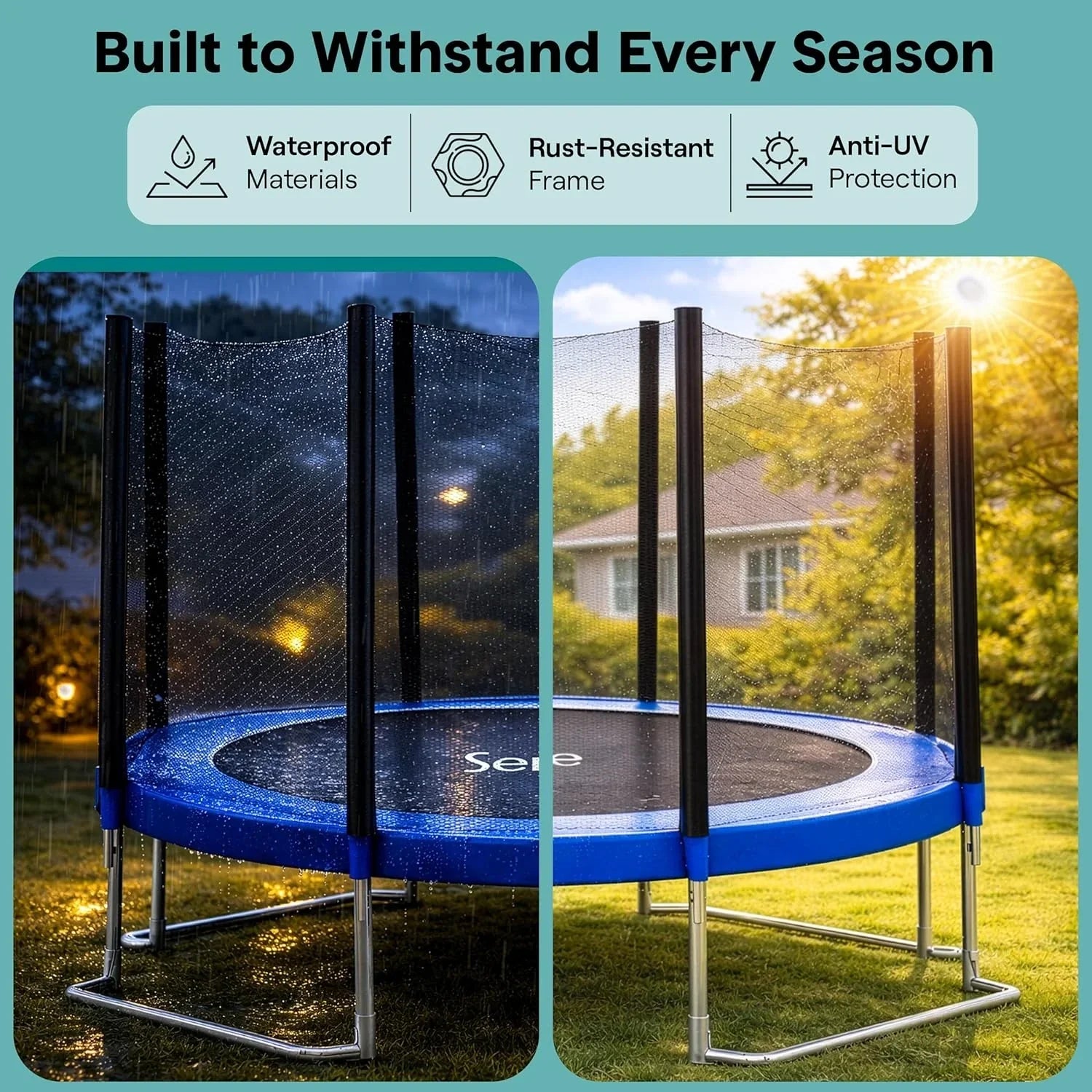 SereneLife 8FT 10FT 12FT 14FT Outdoor Trampoline for Kids – Recreational Backyard Trampoline with Curved Safety Poles and Net Enclosure- ASTM Approval for Kids Adults
