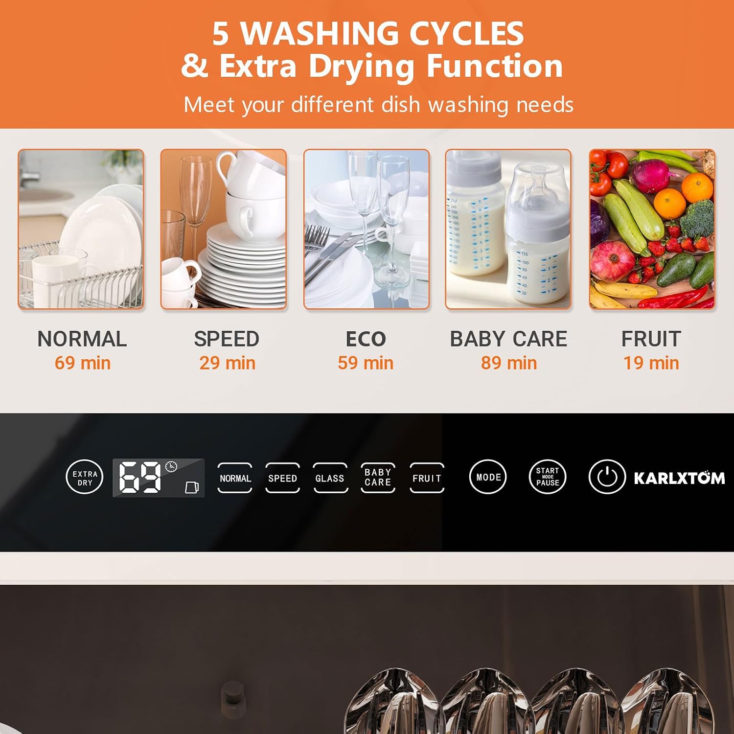 Table Top Dishwasher 6 Programs Touch Control Auto-Drying Baby Care Fruit Wash White