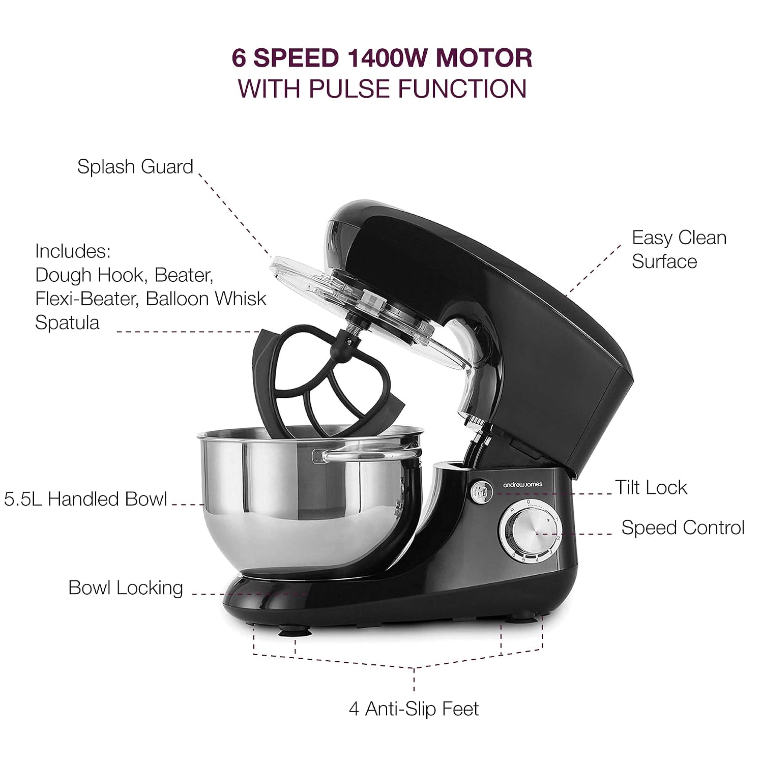 Stand Mixer 1300W 5.5L Stainless Steel Bowl 6 Speeds Pulse Black