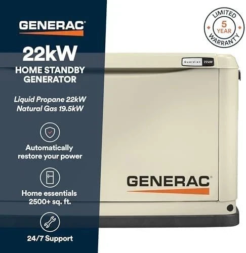 Generac Guardian 22kW Home Standby Generator with 200-Amp Transfer Switch, Aluminum Enclosure & WiFi Monitoring