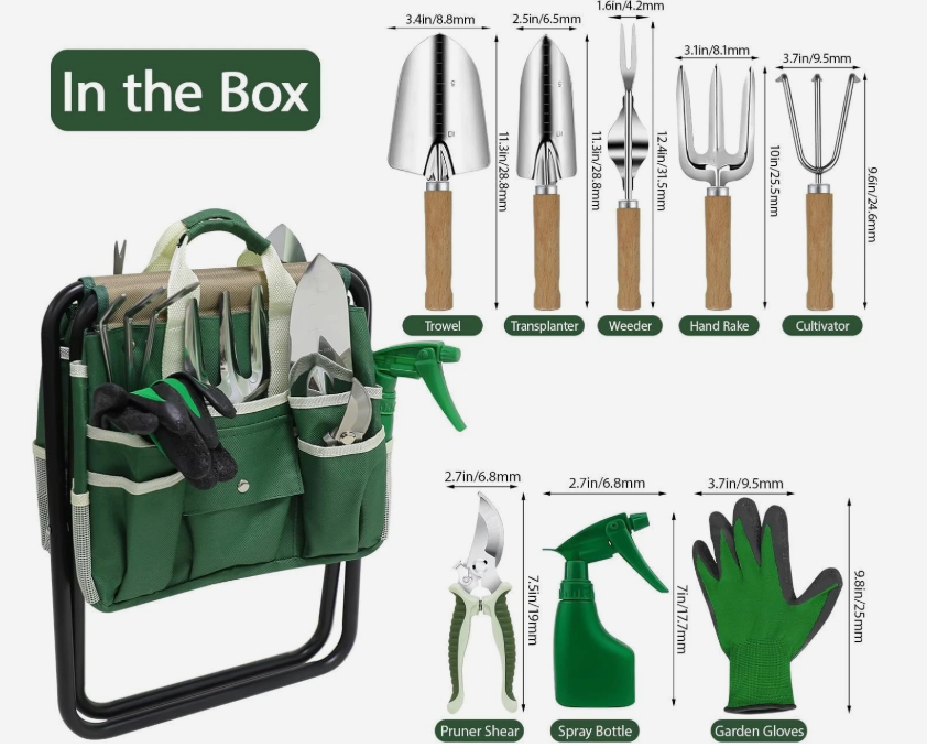 Garden Tool Set 10 Piece Gardening Kit With Heavy Duty Folding Stool Gardening