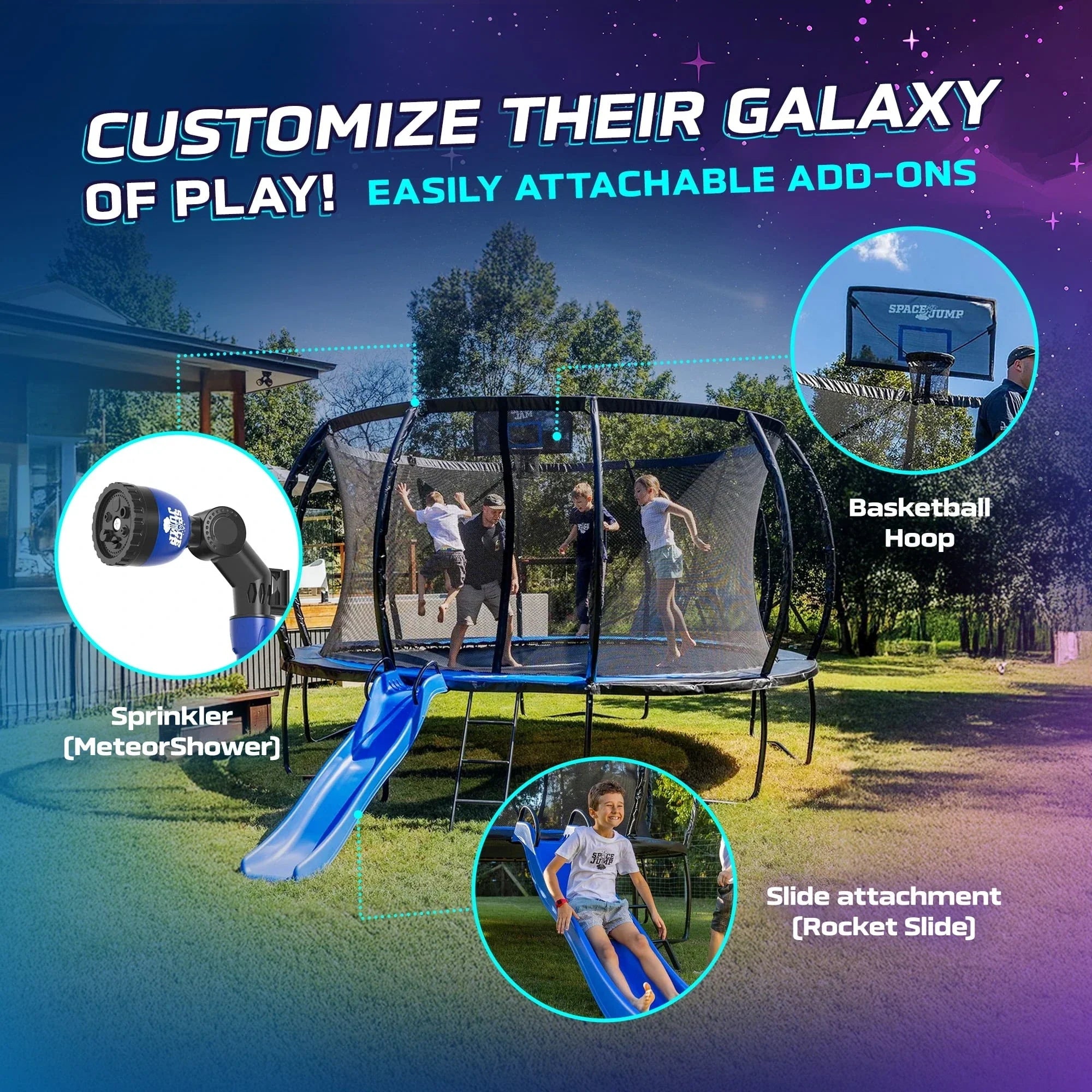 SpaceJump Lunar 16 Foot Trampoline, Outdoor Round Bouncer with Safety Net, Black