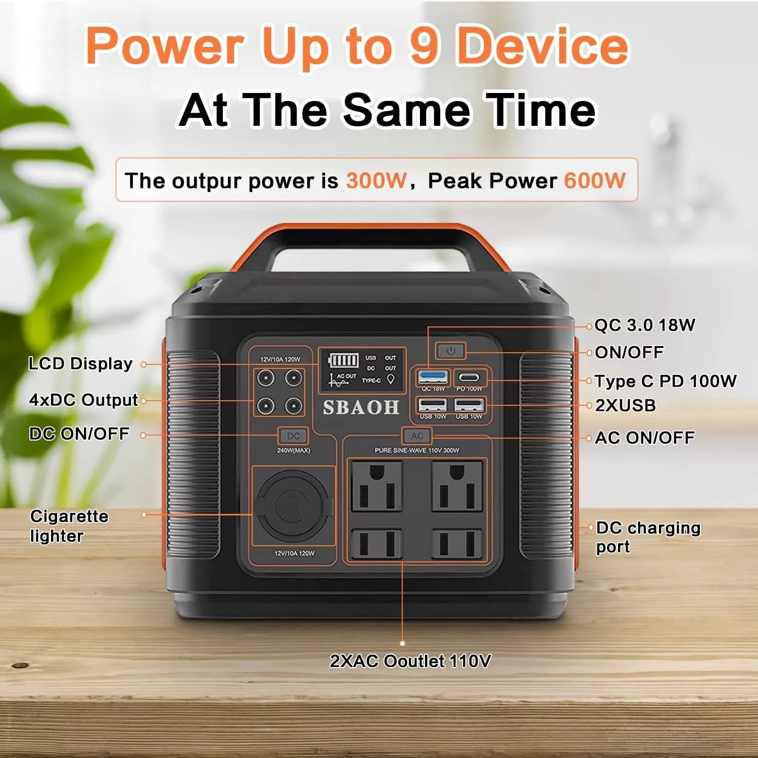 SBAOH Portable Power Station, 300W 296Wh Solar Generator Quick Charge / 110V AC Outlets/DC Ports and LED Flashlight