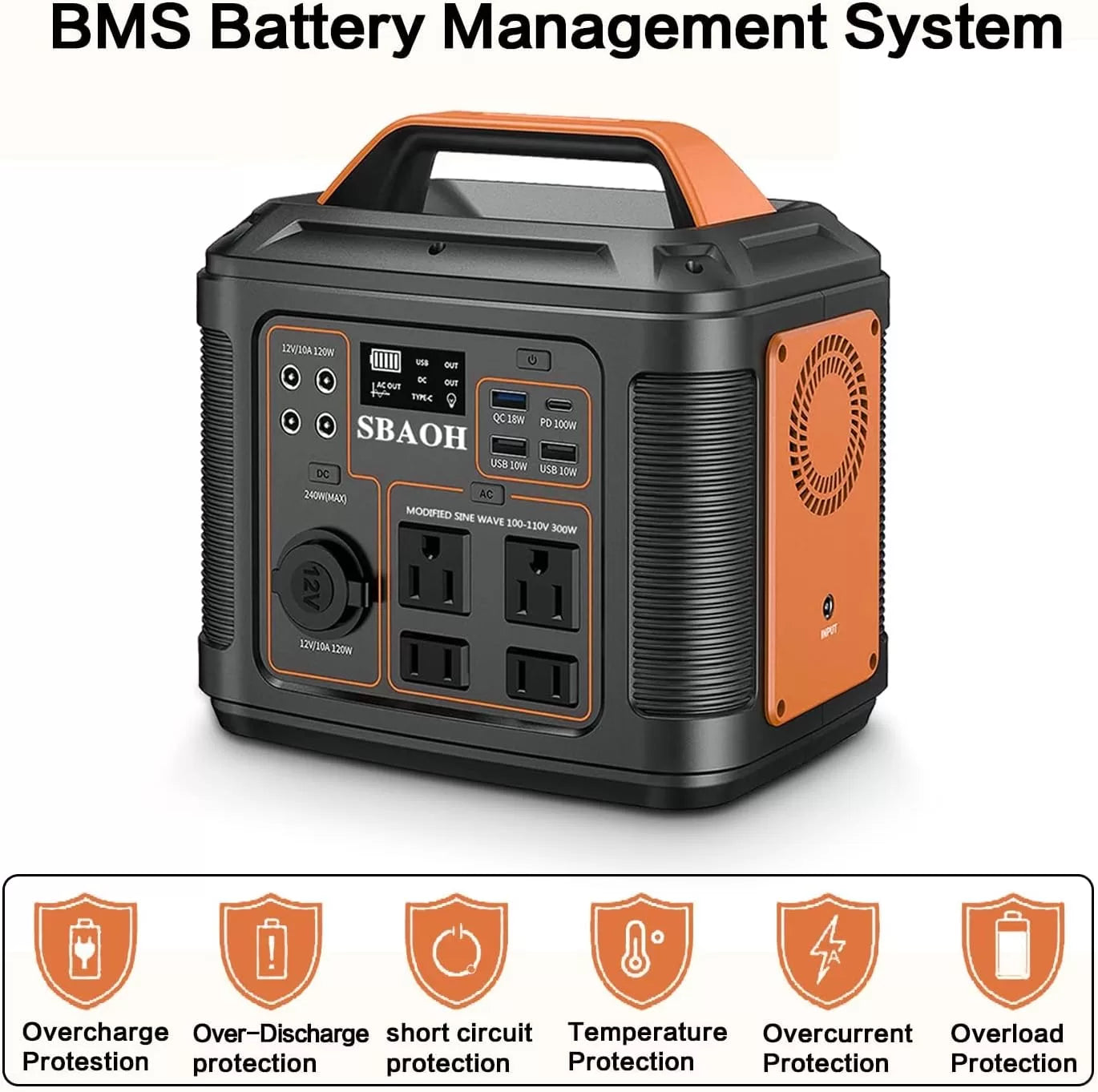 SBAOH Portable Power Station, 300W 296Wh Solar Generator Quick Charge / 110V AC Outlets/DC Ports and LED Flashlight