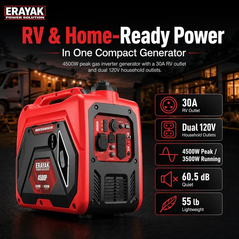 Erayak 4500W Quiet Inverter Generator | 30A RV-Ready Camping & Home Backup Power