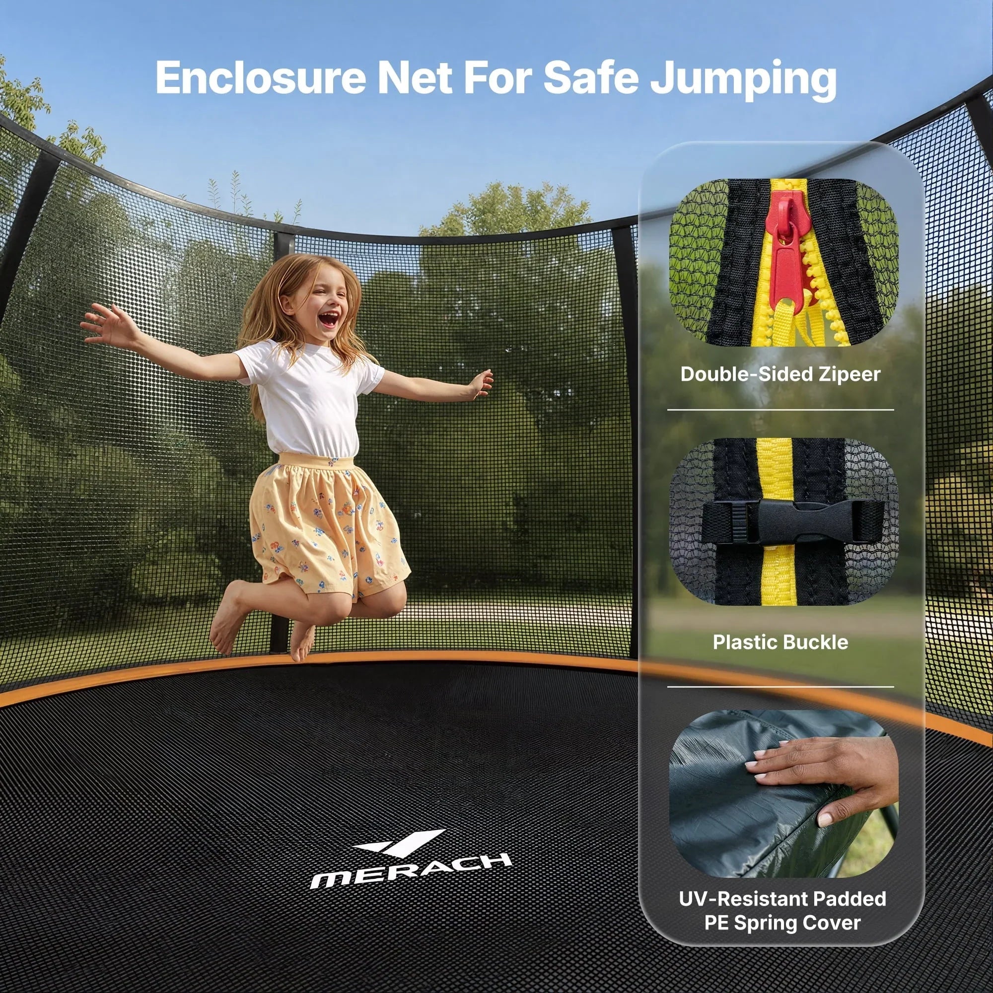 MERACH 14FT Pumpkin Outdoor Trampoline with Safety Enclosure Net, Basketball Hoop & Ladder, Heavy Duty Backyard Trampoline for Kids & Adults