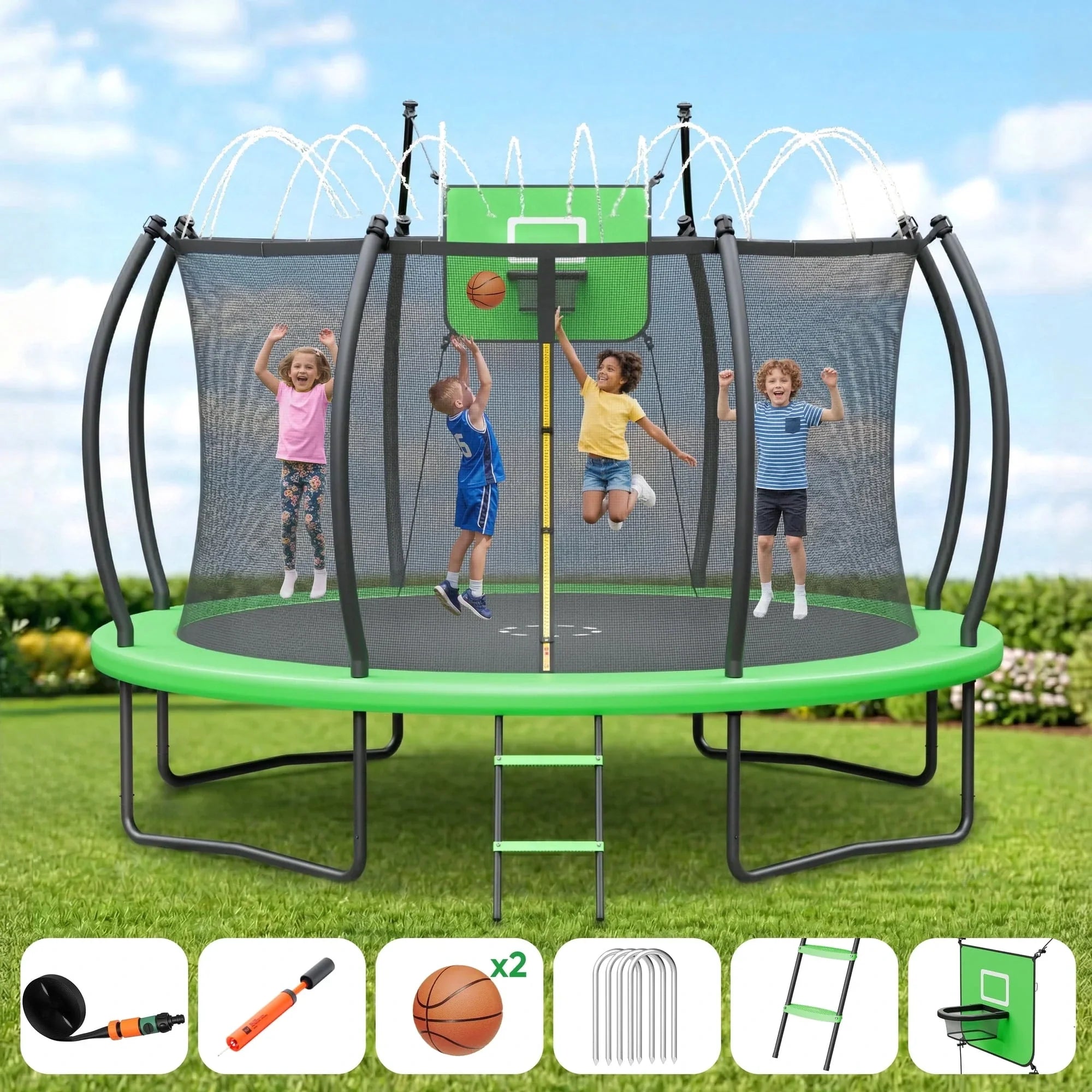 Outdoor Trampoline,Fashionsport Outfitters 8FT/12FT/14FT/16FT Round Jumping Trampoline with Ladder,Sprinkler,Basketball Hoop Board,Recreational Backyard Trampolines Anti-Rust for Kids Gift