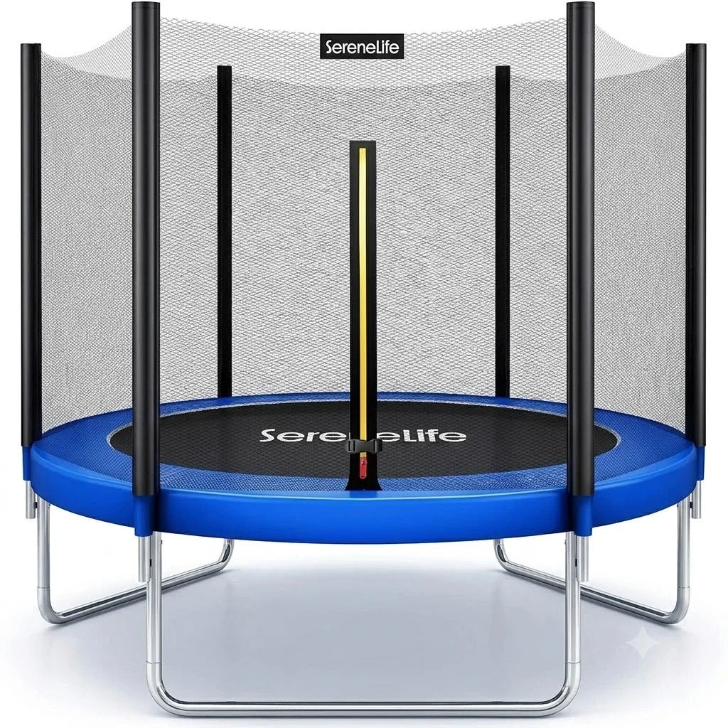 SereneLife 8FT 10FT 12FT 14FT Outdoor Trampoline for Kids – Recreational Backyard Trampoline with Curved Safety Poles and Net Enclosure- ASTM Approval for Kids Adults
