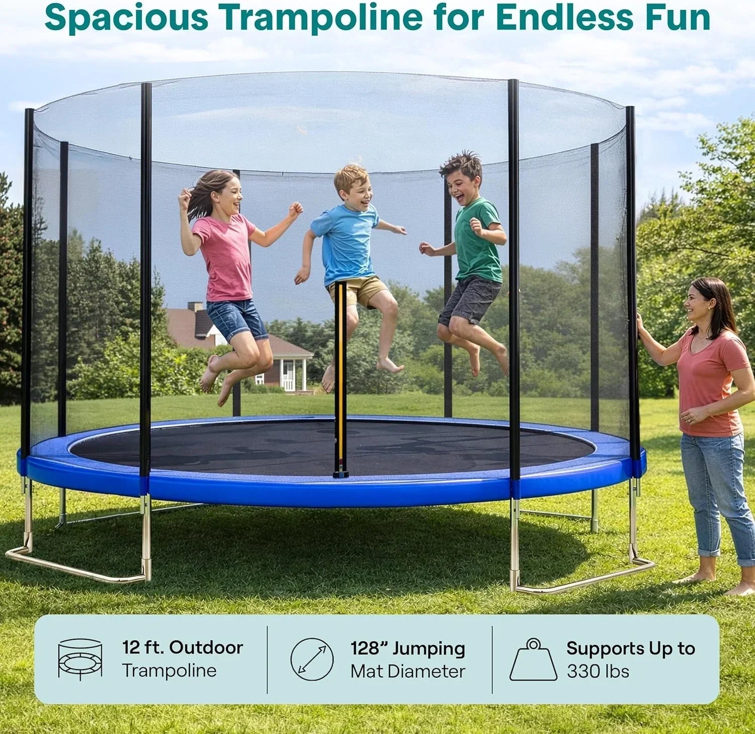 SereneLife 8FT 10FT 12FT 14FT Outdoor Trampoline for Kids – Recreational Backyard Trampoline with Curved Safety Poles and Net Enclosure- ASTM Approval for Kids Adults